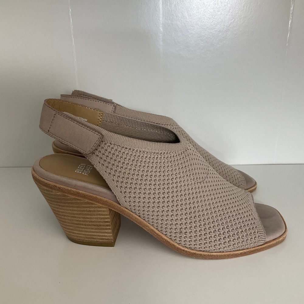 Eileen Fisher Sandals Womens 9 Taupe Stretch Knit Block Heel Slingback Classic